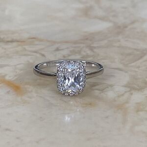 925 Sterling Silver & Cubic Zirconia Emerald Cut Halo Ring